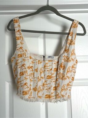 White & Mustard Western Printed Cropped Tank Top